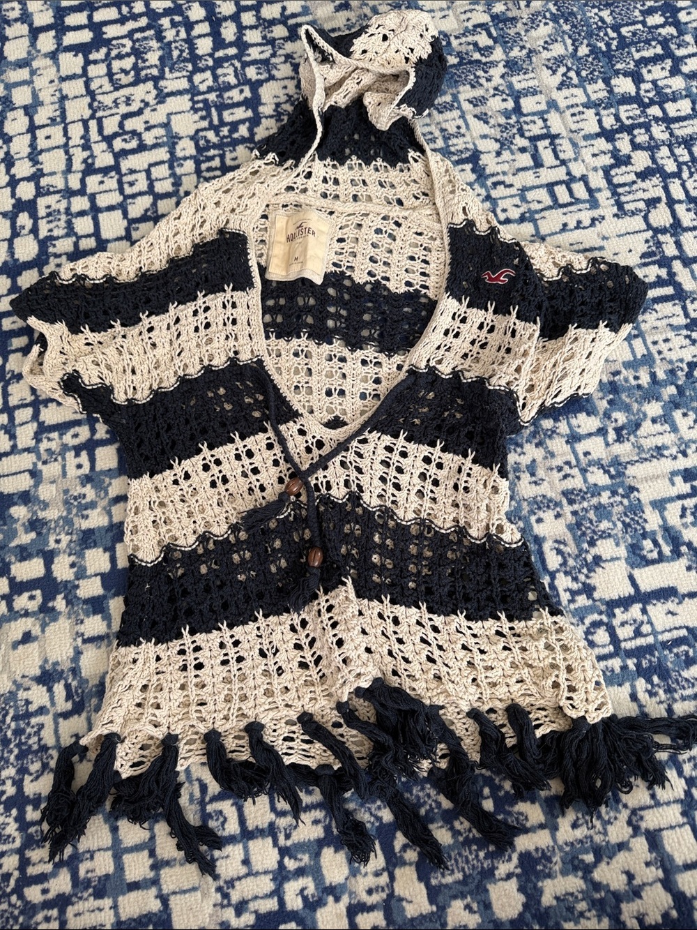 Hollister Navy and Cream Crochet Hooded Fringe Cardigan